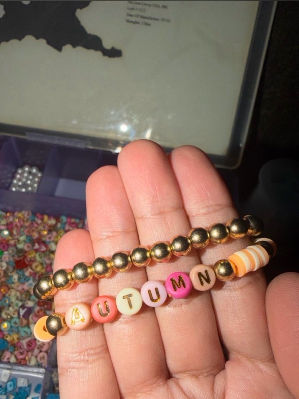 Gold and Pink AUTUMN Letter Beaded Bracelet